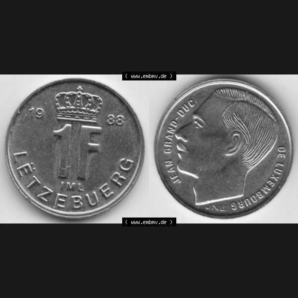 Grau bzw. s/w Münzen Luxemburg Umlaufmünze 1988-1995, 1 Franken - Francs 1988, Bild mit Vollansicht Sammlung Graustufen