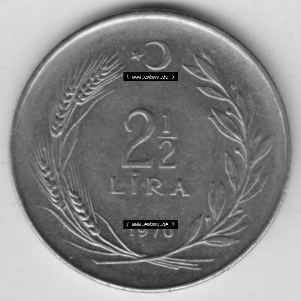 Grau bzw. s/w Münzen Türkei Umlaufmünze 1969-1980, 2-1-2 Lira 1970. Rückseite der Münze der Türkei als Bildmaterial für Sammler und Münzen-Webseiten hier im online... Sammlung Graustufen