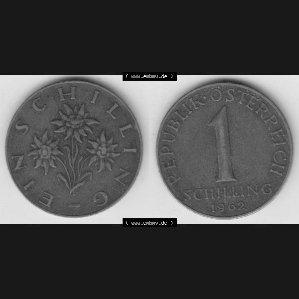 Grau bzw. s/w Münzen Österreich Umlaufmünze 1959-2001, 1 Schilling 1962, Münze aus Österreich mit Münzseiten Horizontal / Nebeneinander auf einen Bild für Mobile-Geräte... Sammlung Graustufen
