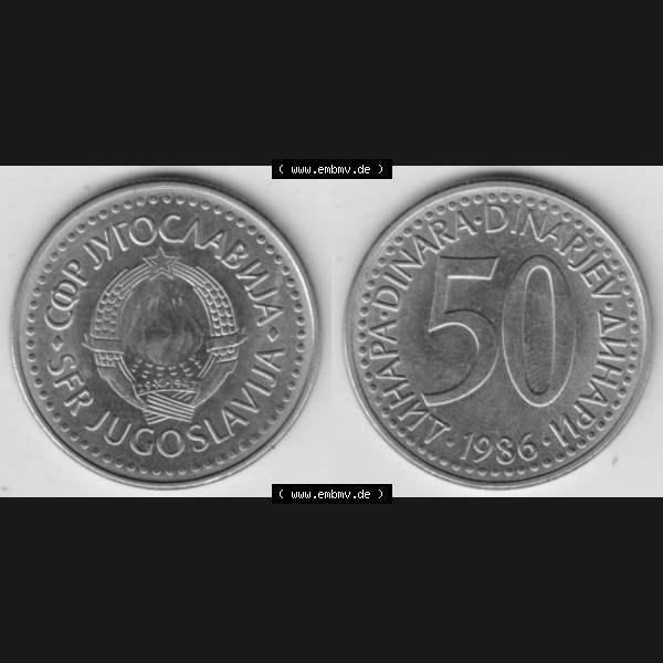 Grau bzw. s/w Münzen Jugoslawien Umlaufmünze 1985-1988, 50 Dinar 1986, Bild mit Vollansicht als Bildmaterial Sammlung Graustufen