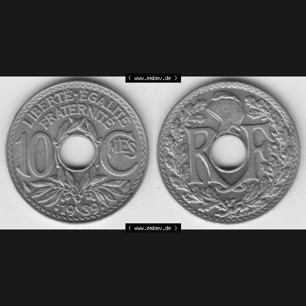 Grau bzw. s/w Münze Frankreich 1938-1939, 10 Centimes, Cent 1939. Vorderseite und Rückseite horizontal auf einen digitalen Bild der alten französischen Umlaufmünze 10 Cmes - Centimes... Sammlung Graustufen