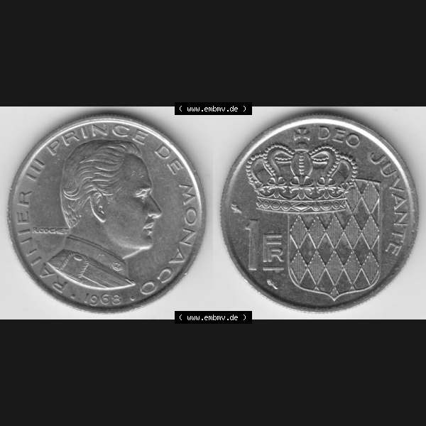 Grau bzw. s/w Münzen Monaco Umlaufmünze 1960-1995, 1 Fr, Franc, Franken Rainier III Prince de Monaco I. 1968 (3) Sammlung Graustufen