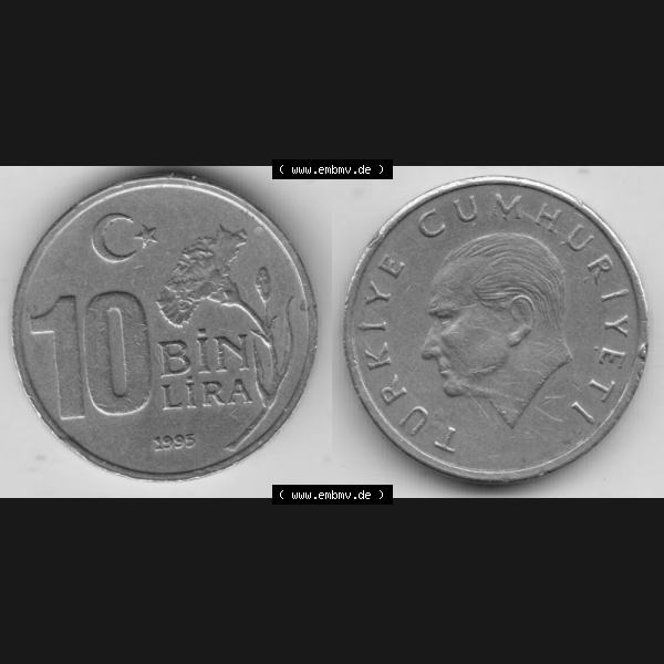 Grau bzw. s/w Münzen Türkei Umlaufmünze 1994-1997, 10 Bin Lira, 10000 Lire 1995. Vorderseite und Rückseite der Münze der Türkei auf einen Digitalen Bild, als Bildmaterial... Sammlung Graustufen