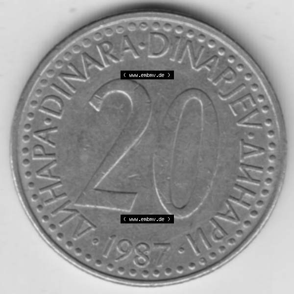Grau bzw. s/w Münzen Jugoslawien Umlaufmünze 1985-1987, 20 Dinar 1987, Bild mit Rückseite der Münze als Bildmaterial Sammlung Graustufen