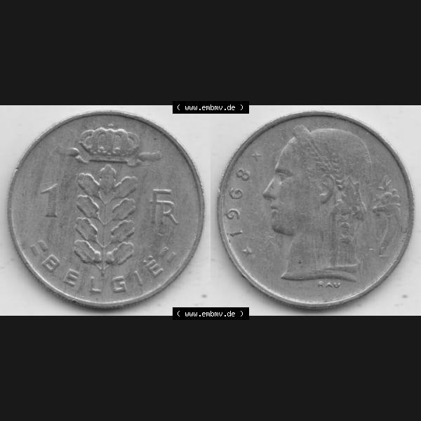 Grau bzw. s/w Münzen Belgien Umlaufmünze 1950-1988, 1 Francs-Franken 1968 Belgie. Vorderseite und Rückseite horizontal auf einen digitalen Bild der alten belgischen Francs Umlaufmünze... Sammlung Graustufen