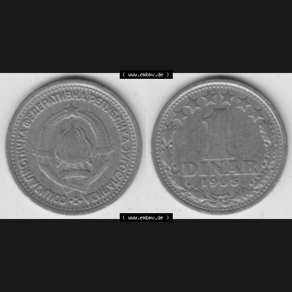 Grau bzw. s/w Münzen Jugoslawien Umlaufmünze 1965-1965, 1 Dinar 1965, Bild mit Vollansicht zum Download Sammlung Graustufen
