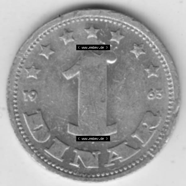 Grau bzw. s/w Münzen Jugoslawien Umlaufmünze 1963-1963, 1 Dinar 1963, Bild mit Rückseite der Münze zum Download Sammlung Graustufen