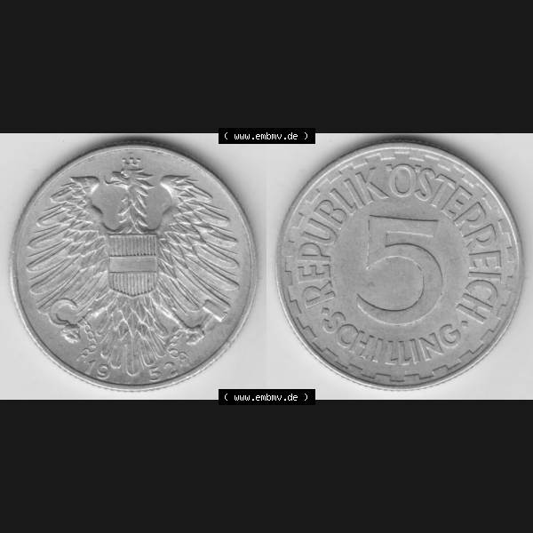 Grau bzw. s/w Münzen Österreich Umlaufmünze 1952-1957, 5 Schilling 1952 I., Münze aus Österreich mit Münzseiten Horizontal / Nebeneinander auf einen Bild für... Sammlung Graustufen