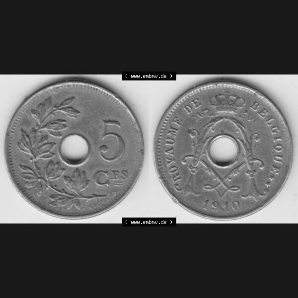 Grau bzw. s/w Münzen Belgien Umlaufmünze 1910-1932, 5 Ces, Centimes Koninkrijk Belgie. Vorderseite und Rückseite horizontal auf einen digitalen Bild der alten belgischen Francs Umlaufmünze... Sammlung Graustufen