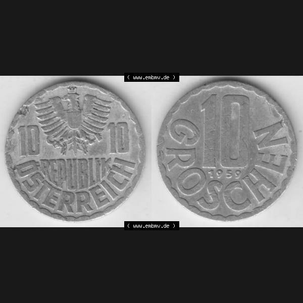 Grau bzw. s/w Münzen Österreich Umlaufmünze 1951-2001, 10 Groschen 1959, Münze aus Österreich mit Münzseiten Horizontal / Nebeneinander auf einen Bild für Mobile-Geräte... Sammlung Graustufen