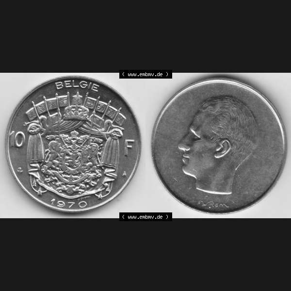 Grau bzw. s/w Münzen Belgien Umlaufmünze 1969-1979, 10 Francs 1970 Belgie. Vorderseite und Rückseite horizontal auf einen digitalen Bild der alten belgischen Francs Umlaufmünze aus Belgien... Sammlung Graustufen
