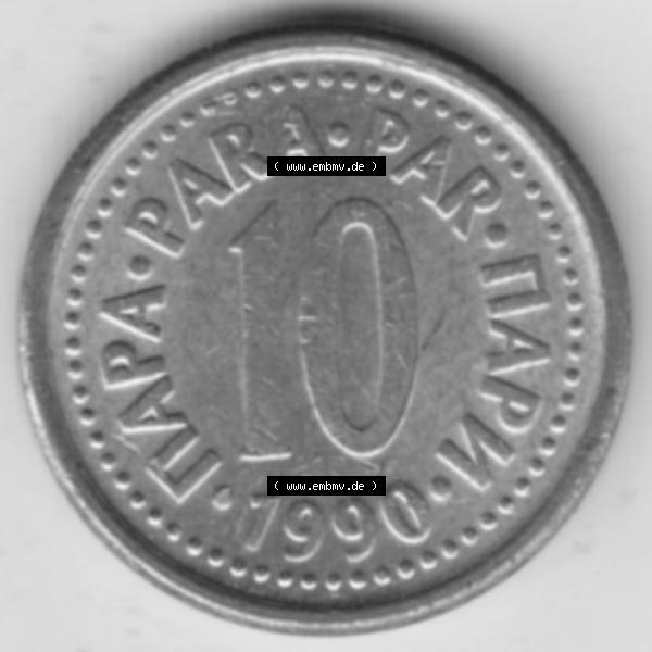 Grau bzw. s/w Münzen Jugoslawien Umlaufmünze 1990-1991, 10 Para 1990, Bild mit Rückseite der Münze als Bildmaterial Sammlung Graustufen