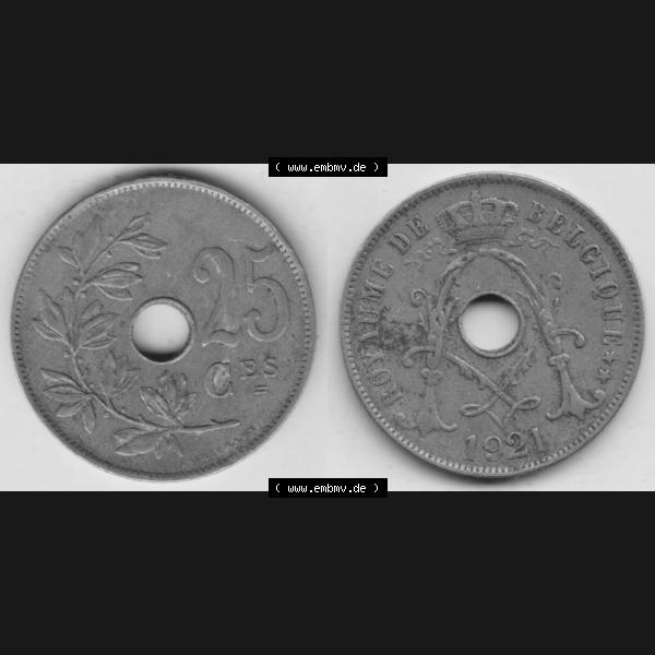 Grau bzw. s/w Münzen Belgien Umlaufmünze 1913-1929, 25 Ces, 1921 Centimes Belgique. Vorderseite und Rückseite horizontal auf einen digitalen Bild der alten belgischen Francs Umlaufmünze... Sammlung Graustufen