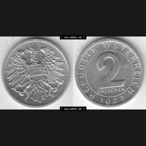 Grau bzw. s/w Münzen Österreich Umlaufmünze 1950-1994, 2 Groschen 1977, Münze aus Österreich mit Münzseiten Horizontal / Nebeneinander auf einen Bild für Mobile-Geräte... Sammlung Graustufen