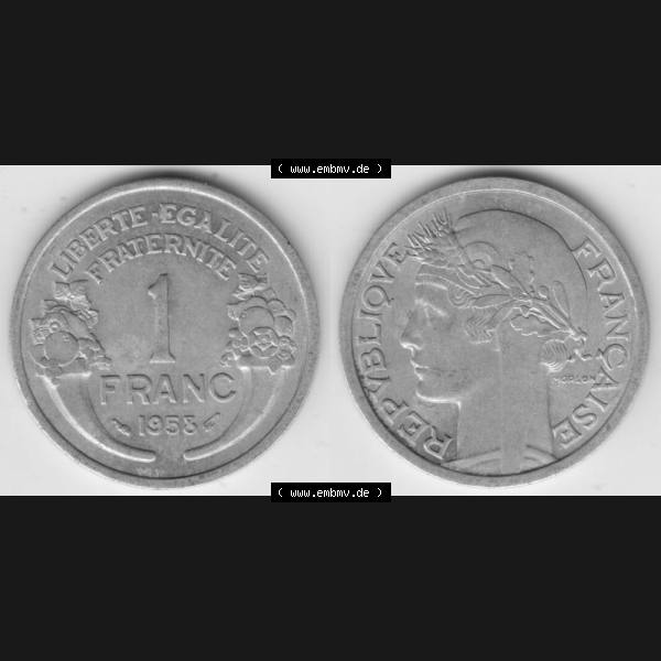 Grau bzw. s/w Münze Frankreich 1941-1959, 1 Francs, Franken 1958. Vorderseite und Rückseite horizontal auf einen digitalen Bild der alten französischen Umlaufmünze aus Frankreich... Sammlung Graustufen