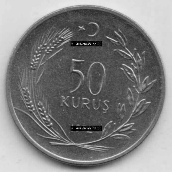 Grau bzw. s/w Münzen Türkei Umlaufmünze 1971-1979, 50 Kurus 1970. Rückseite der Münze der Türkei als Bildmaterial für Sammler und Münzen-Webseiten hier im online... Sammlung Graustufen