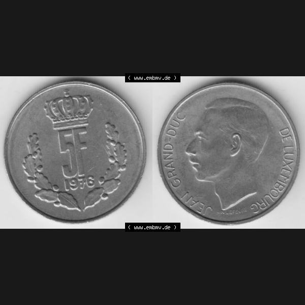 Grau bzw. s/w Münzen Luxemburg Umlaufmünze 1971-1981, 5 F, Francs, Franken 1976, Bild mit Vollansicht Sammlung Graustufen
