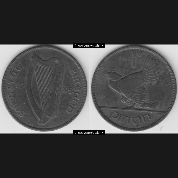 Grau bzw. s/w Münzen Irland Umlaufmünze 1928-1937, 1 Penny, Pence 1935. Vorderseite und Rückseite horizontal auf einen digitalen Bild der alten irischen Umlaufmünze aus Irland... Sammlung Graustufen
