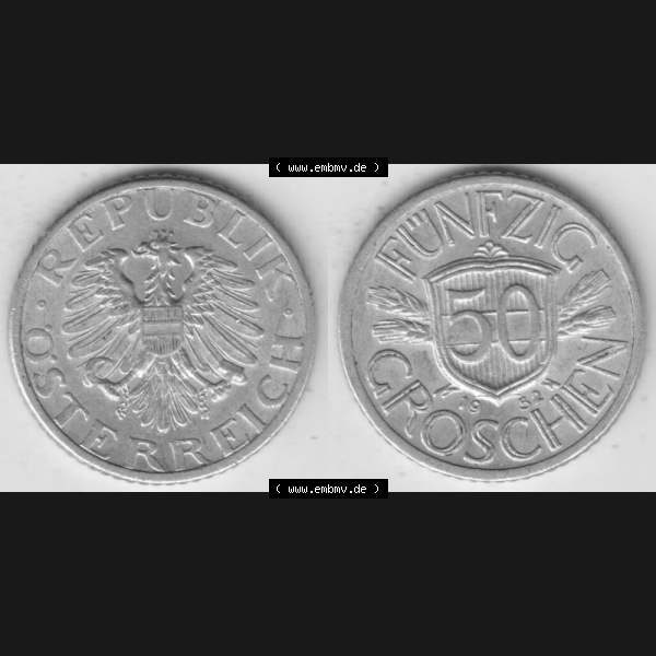 Grau bzw. s/w Münzen Österreich Umlaufmünze 1946-1955, 50 Groschen 1952, Münze aus Österreich mit Münzseiten Horizontal / Nebeneinander auf einen Bild für Mobile-Geräte... Sammlung Graustufen