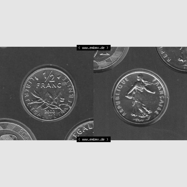 Grau bzw. s/w Münze Frankreich 2000, 0,50 Francs. Vorderseite und Rückseite horizontal auf einen digitalen Bild der alten französischen Umlaufmünze aus Frankreich in der Francs-Währung... Sammlung Graustufen