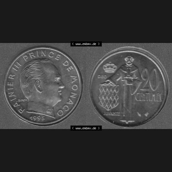 Grau bzw. s/w Münzen Monaco Umlaufmünze 1962-1995, 20 Centimes 1995 (3) Sammlung Graustufen