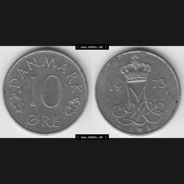 Grau bzw. s/w Münzen Dänemark Umlaufmünze 1973, 10 Öre. Vorderseite und Rückseite horizontal auf einen digitalen Bild der alten dänischen Umlaufmünze aus Dänemark... Sammlung Graustufen