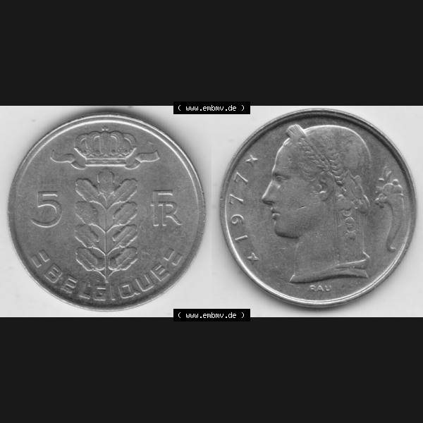 Grau bzw. s/w Münzen Belgien Umlaufmünze 1948-1981, 5 Francs 1977 Belgique. Vorderseite und Rückseite horizontal auf einen digitalen Bild der alten belgischen Francs Umlaufmünze aus... Sammlung Graustufen