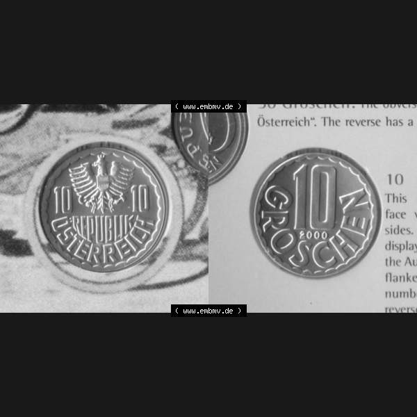 Grau bzw. s/w Münzen Österreich Umlaufmünze 1951-2001, 10 Groschen 2000, Münze aus Österreich mit Münzseiten Horizontal / Nebeneinander auf einen Bild für Mobile-Geräte... Sammlung Graustufen