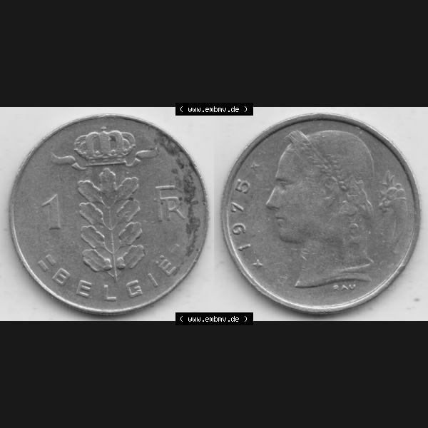 Grau bzw. s/w Münzen Belgien Umlaufmünze 1950-1988, 1 Francs-Franken 1975 Belgie. Vorderseite und Rückseite horizontal auf einen digitalen Bild der alten belgischen Francs Umlaufmünze... Sammlung Graustufen