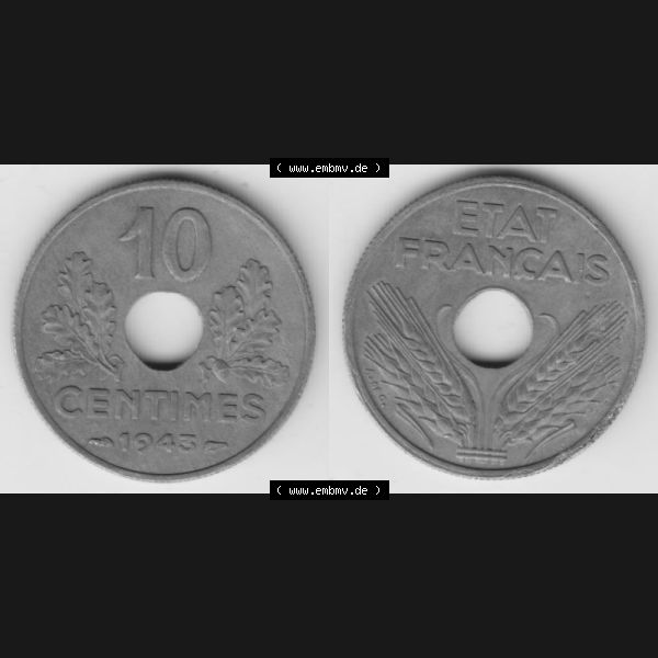 Grau bzw. s/w Münze Frankreich 1941-1943, 10 Centimes, Etat Francais 1943. Vorderseite und Rückseite horizontal auf einen digitalen Bild der alten französischen Umlaufmünze 10... Sammlung Graustufen