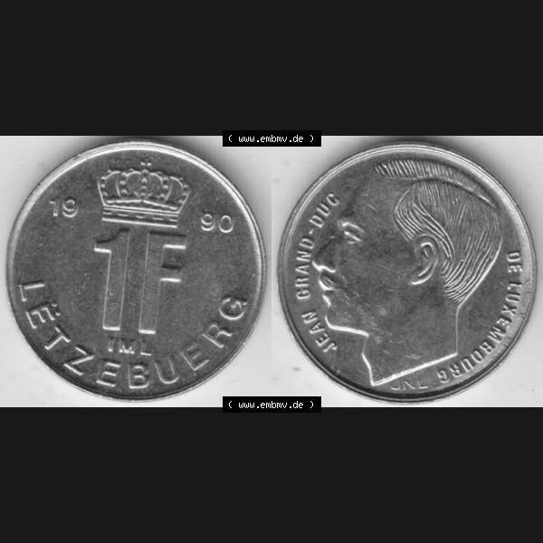 Grau bzw. s/w Münzen Luxemburg Umlaufmünze 1988-1995, 1 Franken - Francs 1990, Bild mit Vollansicht Sammlung Graustufen
