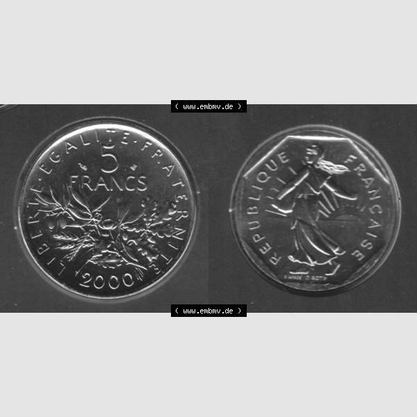Grau bzw. s/w Münze Frankreich 2000, 5 Francs. Vorderseite und Rückseite horizontal auf einen digitalen Bild der alten französischen Umlaufmünze aus Frankreich in der Francs-Währung... Sammlung Graustufen