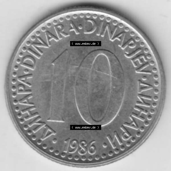 Grau bzw. s/w Münzen Jugoslawien Umlaufmünze 1982-1988, 10 Dinar 1986, Bild mit Rückseite der Münze als Bildmaterial Sammlung Graustufen
