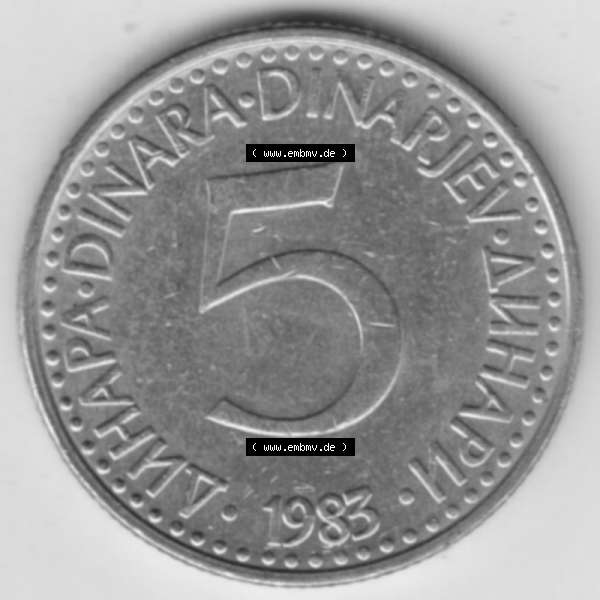 Grau bzw. s/w Münzen Jugoslawien Umlaufmünze 1982-1986, 5 Dinar 1983, Bild mit Rückseite der Münze als Bildmaterial Sammlung Graustufen