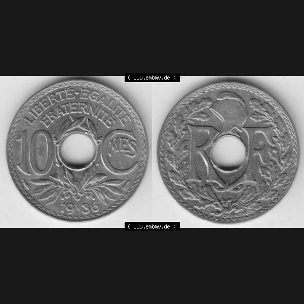 Grau bzw. s/w Münze Frankreich 1917-1938, 10 Centimes, Cent 1936. Vorderseite und Rückseite horizontal auf einen digitalen Bild der alten französischen Umlaufmünze 10 Cmes - Centimes... Sammlung Graustufen