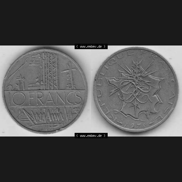 Grau bzw. s/w Münze Frankreich 1974-1987, 10 Franken-Francs 1978 I.. Vorderseite und Rückseite horizontal auf einen digitalen Bild der alten französischen Umlaufmünze aus Frankreich... Sammlung Graustufen
