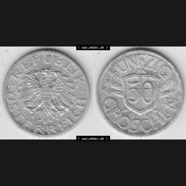 Grau bzw. s/w Münzen Österreich Umlaufmünze 1946-1955, 50 Groschen 1955, Münze aus Österreich mit Münzseiten Horizontal / Nebeneinander auf einen Bild für Mobile-Geräte... Sammlung Graustufen