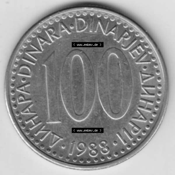 Grau bzw. s/w Münzen Jugoslawien Umlaufmünze 1985-1988, 100 Dinar 1988, Bild mit Rückseite der Münze als Bildmaterial Sammlung Graustufen