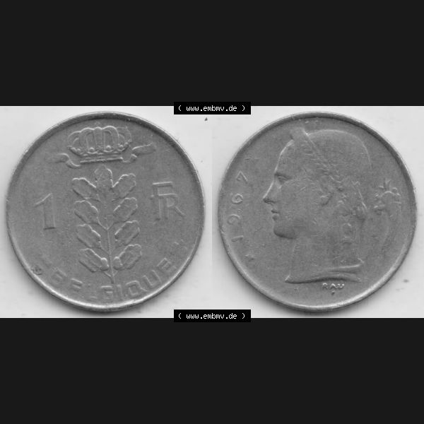 Grau bzw. s/w Münzen Belgien Umlaufmünze 1950-1988, 1 Francs-Franken 1967 Belgique. Vorderseite und Rückseite horizontal auf einen digitalen Bild der alten belgischen Francs Umlaufmünze... Sammlung Graustufen