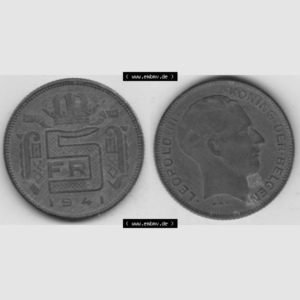 Grau bzw. s/w Münzen Belgien Umlaufmünze 1941-1946, 5 Franken 1941, Der Belgen. Vorderseite und Rückseite horizontal auf einen digitalen Bild der alten belgischen Francs Umlaufmünze... Sammlung Graustufen
