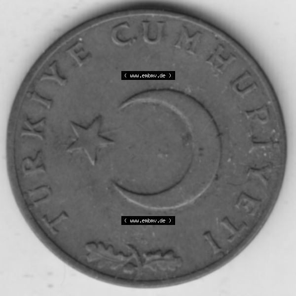 Grau bzw. s/w Münzen Türkei Umlaufmünze 1969-1973, 10 Kurus 1971. Vorderseite der Münze der Türkei als Bildmaterial für Sammler und Münzen-Webseiten hier im online Katalog... Sammlung Graustufen