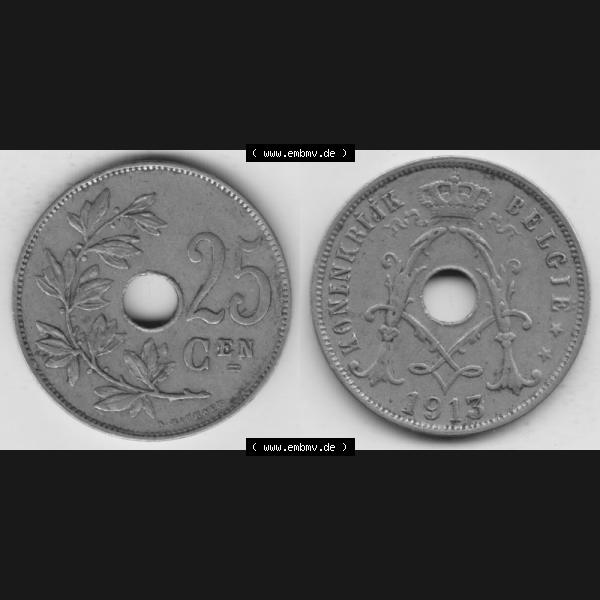 Grau bzw. s/w Münzen Belgien Umlaufmünze 1910-1929, 25 Cen, 1913 Centimes Koninkrijk Belgie. Vorderseite und Rückseite horizontal auf einen digitalen Bild der alten belgischen Francs... Sammlung Graustufen