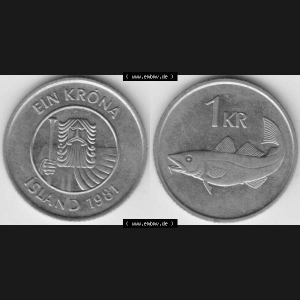 Grau bzw. s/w Münzen Island Umlaufmünze 1981-1987, 1 KR, Krone 1981. Vorderseite und Rückseite horizontal auf einen digitalen Bild der alten Isländischen Umlaufmünze aus Island... Sammlung Graustufen