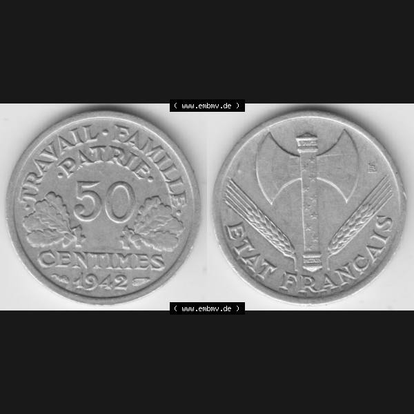 Grau bzw. s/w Münze Frankreich 1942-1944, 50 Centimes, Cent 1942. Vorderseite und Rückseite horizontal auf einen digitalen Bild der alten französischen Umlaufmünze aus Frankreich... Sammlung Graustufen