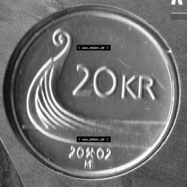 Grau bzw. s/w Münzen Norwegen Umlaufmünze 1994-2009, 20 KR, Kronen 2002, Bild mit Rückseite der norwegischen Münze als Bildmaterial, des Bildes zur deiner Nutzung Sammlung Graustufen