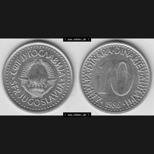 Grau bzw. s/w Münzen Jugoslawien Umlaufmünze 1982-1988, 10 Dinar 1986, Bild mit Vollansicht als Bildmaterial Sammlung Graustufen