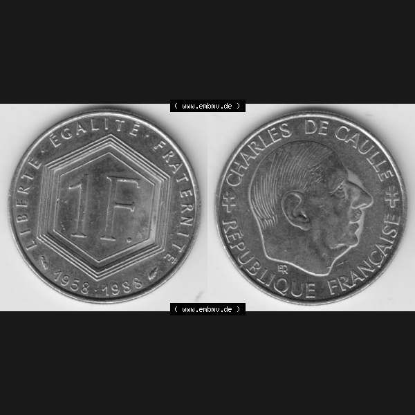 Grau bzw. s/w Münze Frankreich 1988-1988, 1 Francs, Franken 1988. Vorderseite und Rückseite horizontal auf einen digitalen Bild der alten französischen Umlaufmünze aus Frankreich... Sammlung Graustufen