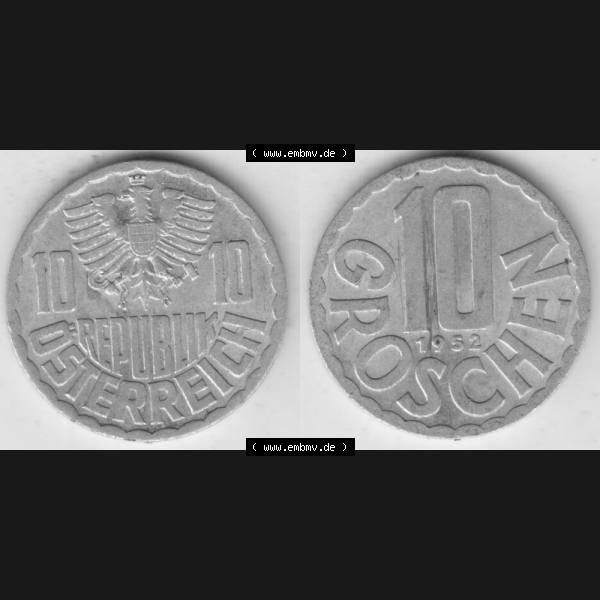 Grau bzw. s/w Münzen Österreich Umlaufmünze 1951-2001, 10 Groschen 1952 I., Münze aus Österreich mit Münzseiten Horizontal / Nebeneinander auf einen Bild für... Sammlung Graustufen