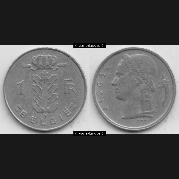 Grau bzw. s/w Münzen Belgien Umlaufmünze 1950-1988, 1 Francs-Franken 1965 Belgie. Vorderseite und Rückseite horizontal auf einen digitalen Bild der alten belgischen Francs Umlaufmünze... Sammlung Graustufen