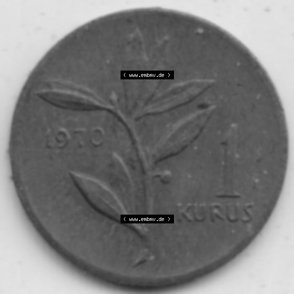 Grau bzw. s/w Münzen Türkei Umlaufmünze 1963-1974, 1 Kurus 1970. Rückseite der Münze der Türkei als Bildmaterial für Sammler und Münzen-Webseiten hier im online Katalog... Sammlung Graustufen